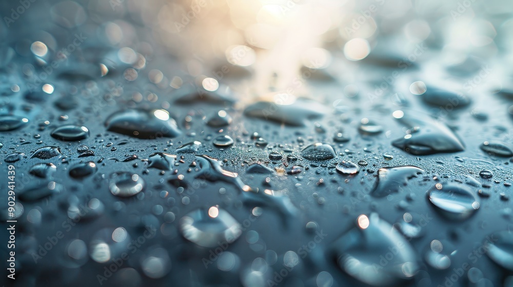 Poster this image captures raindrops resting on a metallic surface, creating a glistening visual effect and