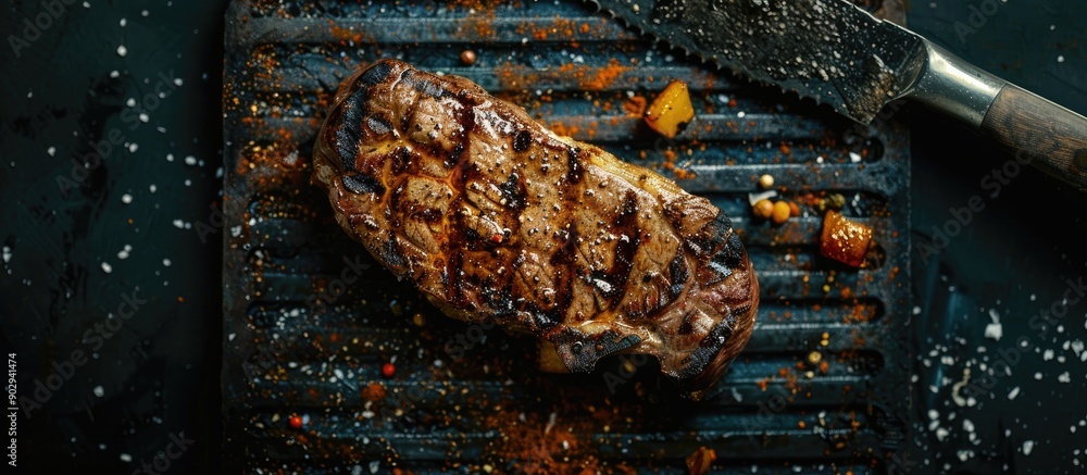 Poster a top view of a grilled sirloin steak on a cleaver with a black background provides ample copy space