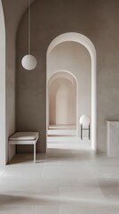 Minimalist Interior Design with Arched Hallway and White Light Fixtures