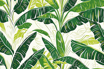 seamless pattern of  linocut of banana plant, growing in jungle, maui