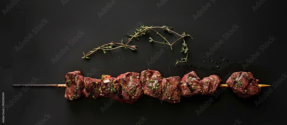 Poster top view of a raw dry aged wagyu picanha barbecue skewer made from cap rump beef seasoned with herbs