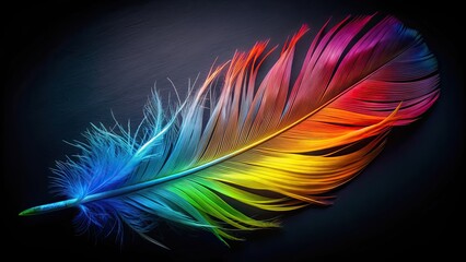 Vibrant, multicolored feather against a dark background , vibrant, multicolored, feather, shades, pink, blue, purple