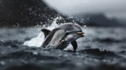 Obraz premium A dolphin captured mid-jump over an ocean wave, backlit by the setting sun, showcasing the power and grace of marine wildlife in their natural habitat.