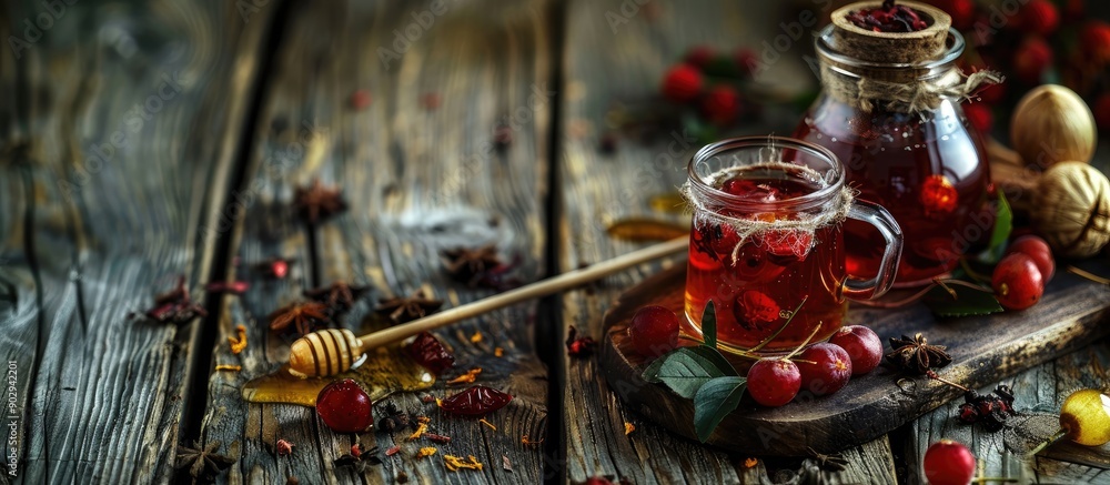 Poster warm rosehip tea with honey and dried fruits displayed on a wooden table creating a cozy ambiance in