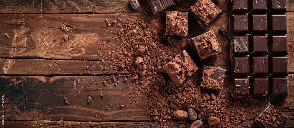 Aufkleber Selective focus on dark chocolate cocoa solids and cocoa powder against a wooden backdrop in a copy space image