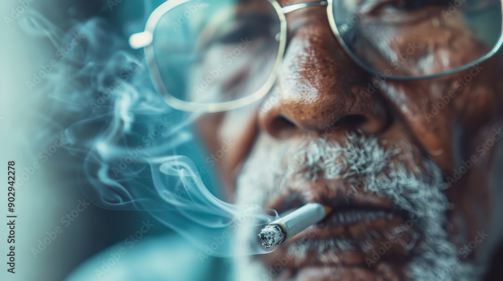 Poster an artistic close-up shot featuring swirls of smoke near a pair of eyeglasses, all set against a blu