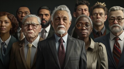 business men and women of all ages, all genders and all cultures looking at the camera