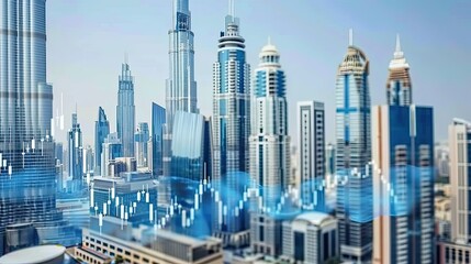 View of a vibrant skyline showcasing contemporary skyscrapers with a digital financial data overlay on a sunny day