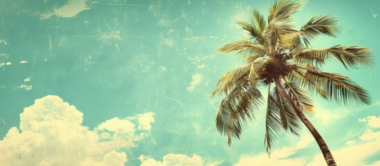 Vintage poster featuring a coconut palm tree under a blue sky with a retro style ideal for adding text or other images in the copy space image