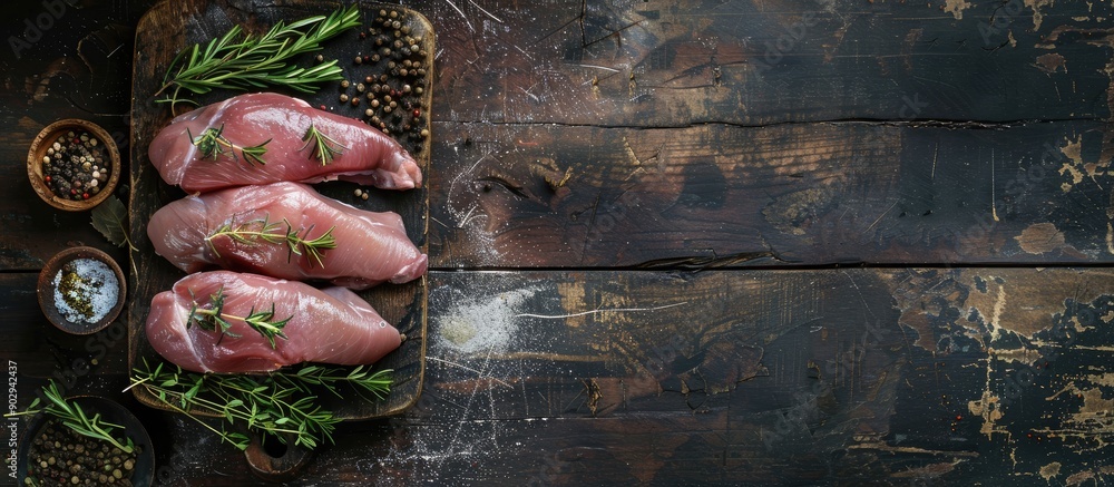 Aufkleber fresh poultry meat raw duck breast ready to be cooked a healthy meal or snack option on a rustic tab