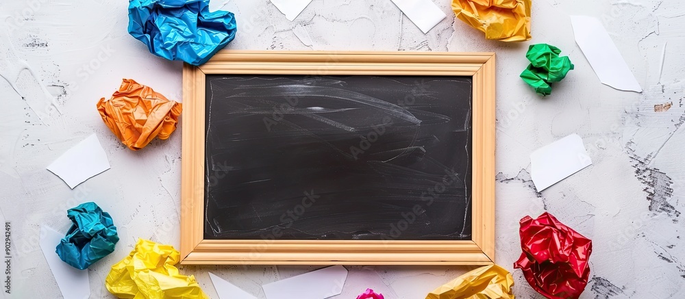 Poster Recycling concept with a used plastic bottle frame crumpled paper and blackboard on a white background for a copy space image
