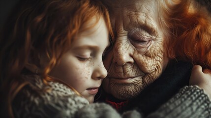 Close up grandmother hugs her granddaughter tightly. A red-haired little Irish girl hugs her old grandmother. Concept of family, kinship, two different generations