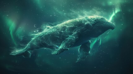 Fototapeta premium A green deer with glowing antlers is the main focus of the image. The deer is surrounded by a green and blue background, giving the impression of a fantastical, otherworldly creature