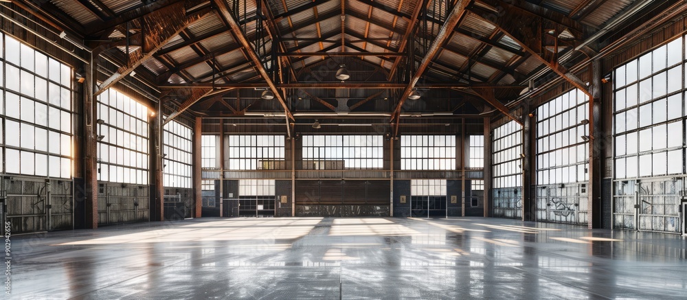 Aufkleber interior of industrial building featuring large high windows and a spacious area available for copy 