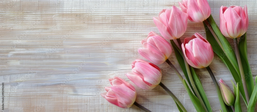 Aufkleber pink tulips arranged on a light plywood background with space for text or copy suitable as a postcar