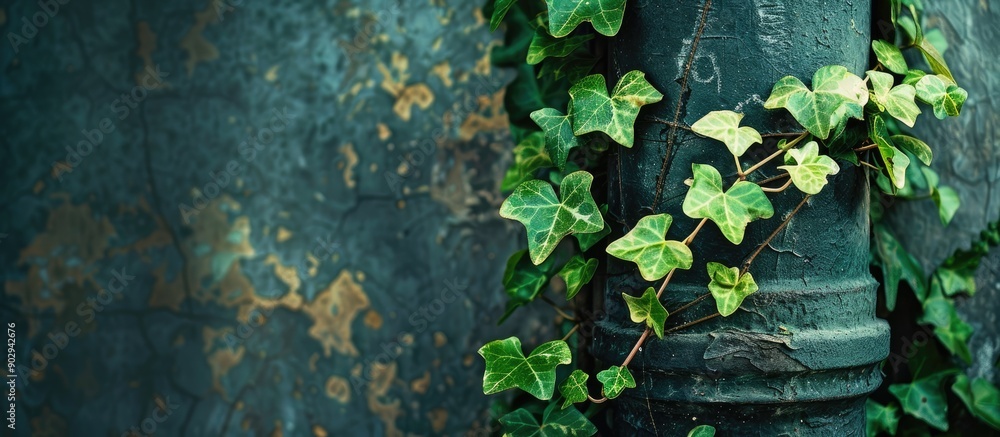 Poster green ivy intertwined along a worn iron pole in a charming scene with copy space image potential
