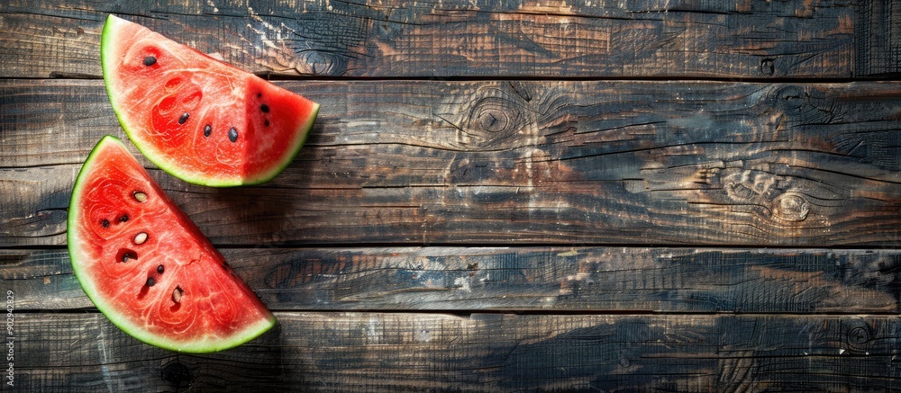 Poster Top view of a sliced watermelon on a rustic wooden surface with available space for text embodying a summery theme in the image. Creative banner. Copyspace image