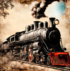 Naklejka premium A grunge vintage background with an old steam locomotive and a place for text.