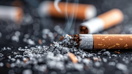An image highlighting the close-up view of multiple cigarette butts with scattered ash and subtle smoke rising, emphasizing the aftermath of smoking.
