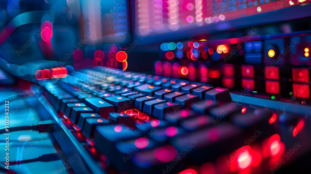Poster vibrant gaming setup with illuminated keyboard and screens