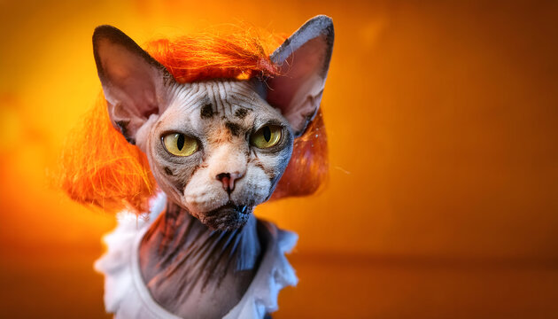 katze, horror, zombie, halloween, copy space, close up, sphynx, party, feier, gesicht, orange, per&uuml;cke, haare, h&auml;sslich, grunge, punk, punker, creepy, glow, vibrant, 3d, photo, shooting, ad