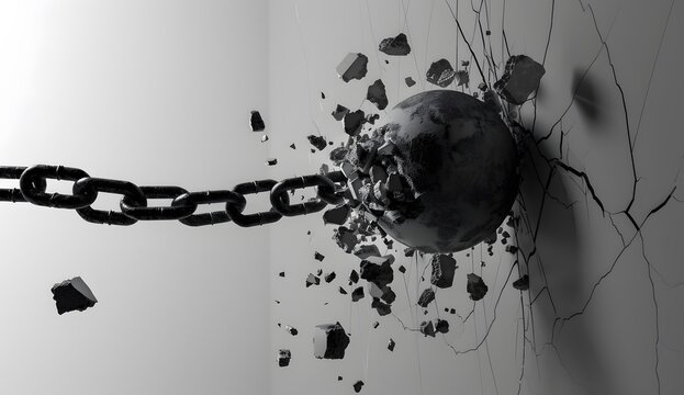 Wrecking ball breaking through the wall, black and white, simple background, 3D rendering, black metal chain with broken pieces of concrete flying in all directions,