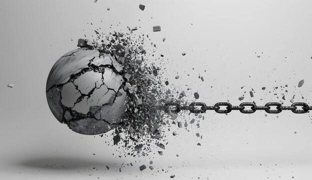 Wrecking ball breaking through the wall, black and white, simple background, 3D rendering, black metal chain with broken pieces of concrete flying in all directions,