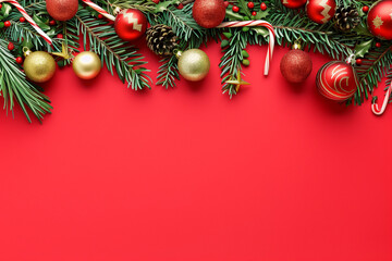 festive Christmas border made of green pine branches, red and gold ornaments, and candy canes, set against a bright red background with ample space for text or other design elements