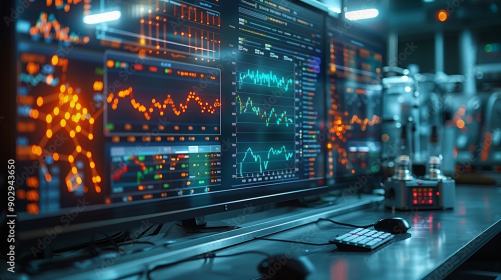 Poster close-up of computer screen showing stock market data with lines and graphs representing financial f
