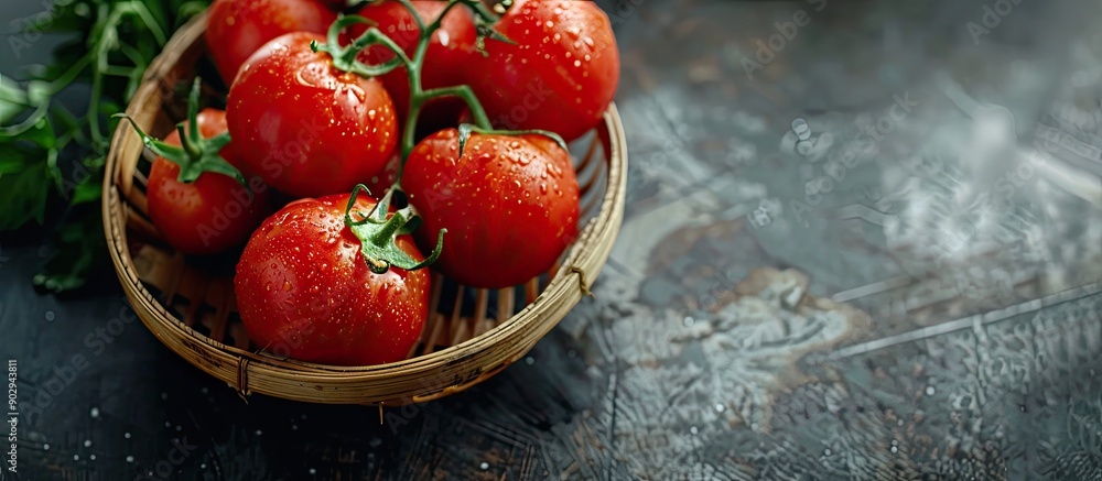 Poster ripe red tomatoes on a bamboo strainer with copy space image
