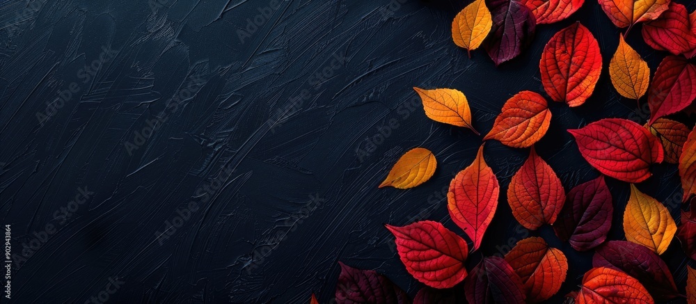 Aufkleber vivid autumn leaves in red yellow and orange hues such as maple and poplar on a dark background perf