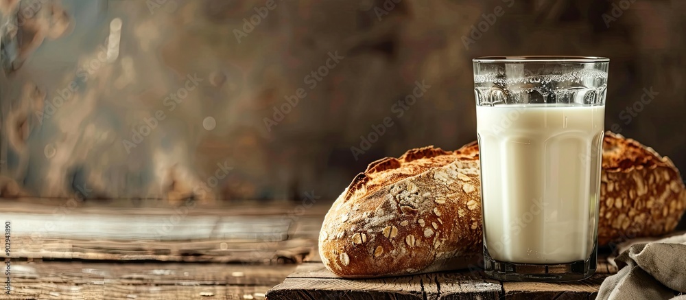 Poster a glass of milk sits next to a rustic sourdough bread loaf on a wooden table with copy space image