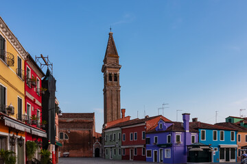 Scenic view of bright colorful houses on island of Burano in city of Venice, Veneto, Northern...