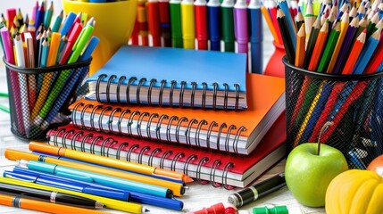 A stack of notebooks and a basket of pens and pencils sit on a table. The pens and pencils are in various colors, and the notebooks are different sizes. The scene suggests a creative