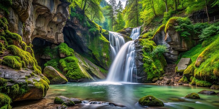 Beautiful waterfall in the Wolfsklamm gorge in Tirol, surrounded by lush greenery and moss-covered rocks, waterfall