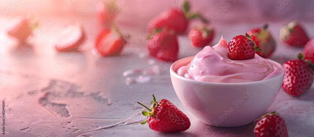 Leinwandbilder selective focused strawberry yogurt displayed on a table with copy space image