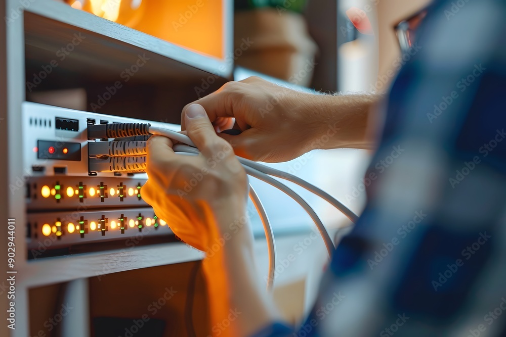 Aufkleber connecting network cables in a modern tech setup