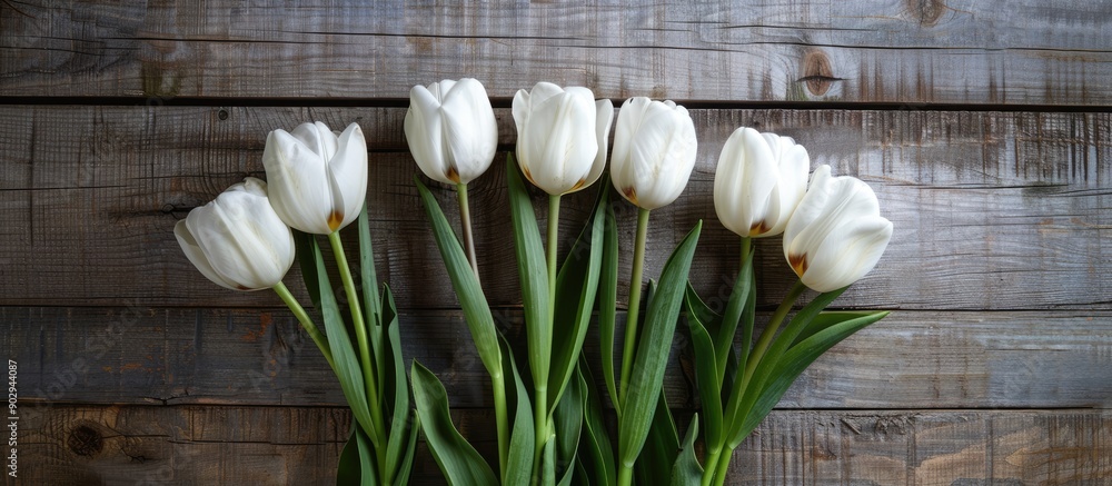Poster Tulips in white bloom against a rustic wooden backdrop with copy space image