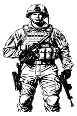 Obraz premium Fictional soldier character. Line art. Black and white illustration for use in graphics. Generated by Ai