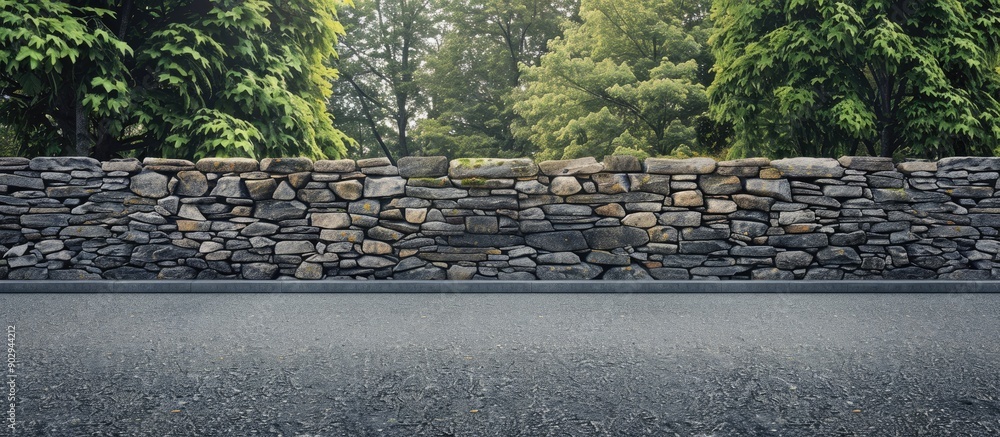 Aufkleber a retro style scene featuring a newly built stoned crenellated wall beside an asphalt road with tree