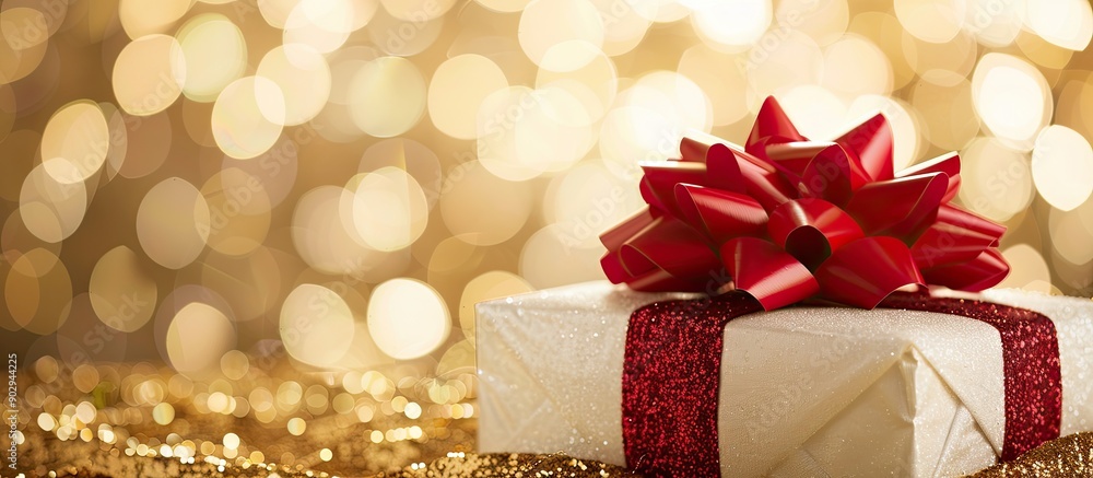 Aufkleber white gift box adorned with a large red bow set against a golden backdrop offering ample copy space 