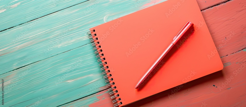 Poster top view of a school notebook on a living coral background placed on a table in a flat lay style wit