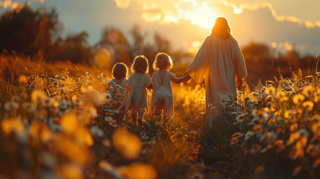 Jesus holding the hands of children as they walk together.