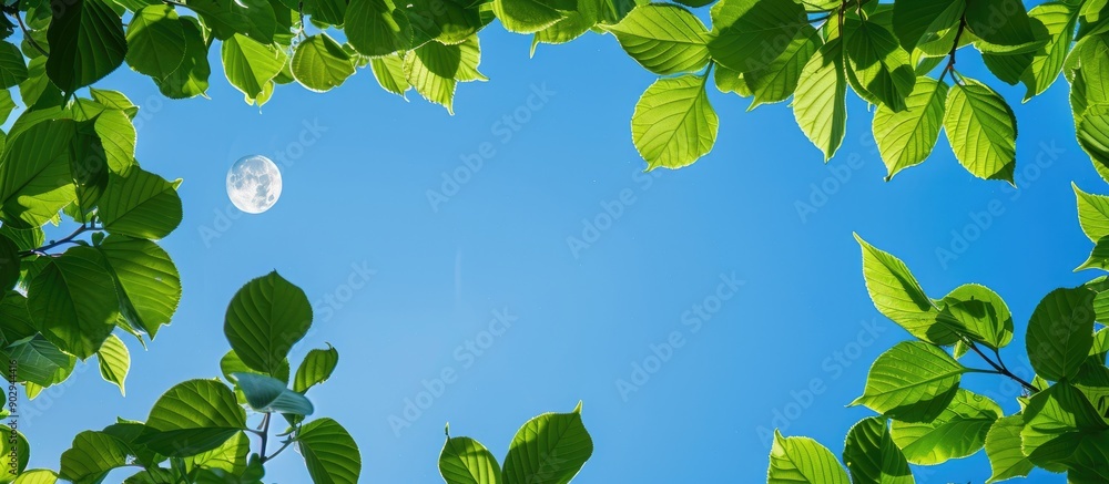 Poster view up through the green leaves to the blue summer sky with moon in copy space image