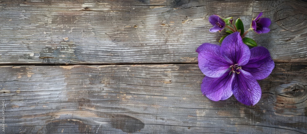 Poster Floral arrangement featuring a vibrant purple blossom placed on a rustic wooden surface with visible empty area for custom text or graphics a copy space image