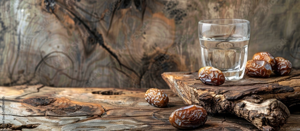 Poster In a rustic setting a branch with dried dates fruits a glass of water and a copy space image on a wooden table symbolizes the traditional Iftar meal part of the Muslim Ramadan evening ritual