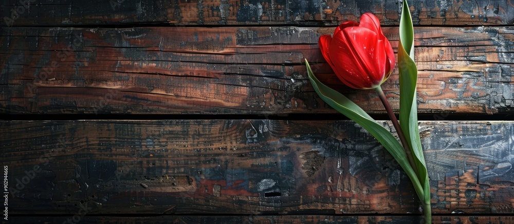 Aufkleber Top view of a red tulip on a rustic wooden table with a clear area for additional content or imagery like a copy space image