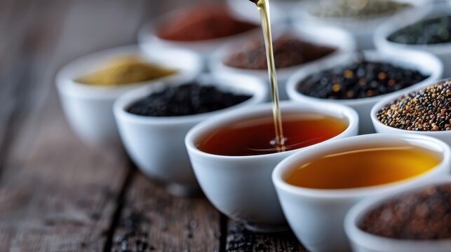 A close-up image of various types of tea, poured into an assortment of white bowls, highlighting the richness and variety of tea leaves, with each tea distinct in color and aroma.