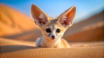 Naklejka premium A Tiny Desert Wanderer: A Baby Fennec Fox in the Sand Dunes AI Generated