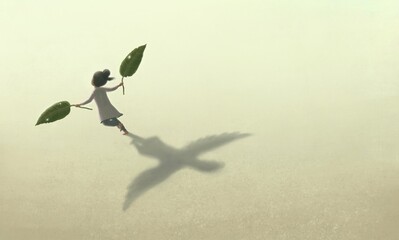 Freedom, hope, imagination and dream concept art. A girl flying with leaf wing. Child and education. Surreal artwork. Conceptual illustration.
